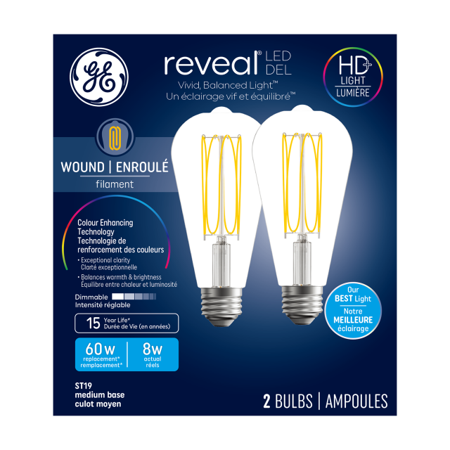 GE Reveal HD+ LED Wound Filament, 60 Watt Replacement, Reveal, ST19 Edison Bulbs (2 Pack)