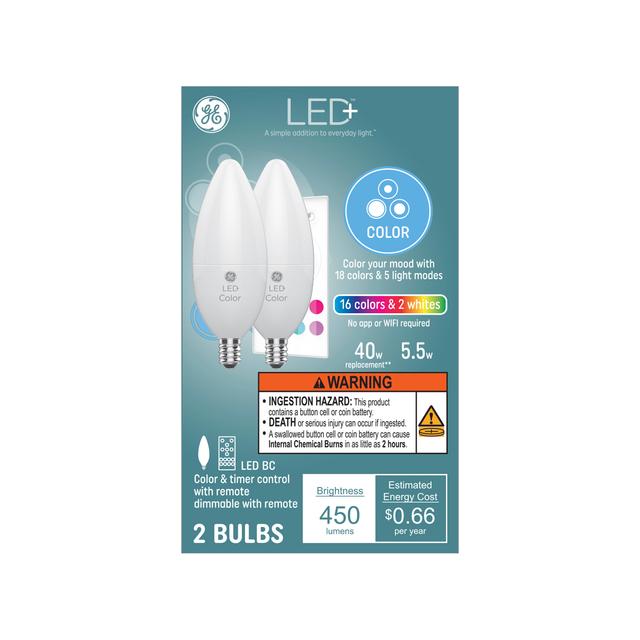 GE LED+ Color 40 -Watt Ampoules LED décoratives (2-Pack) à base de candélabre de remplacement