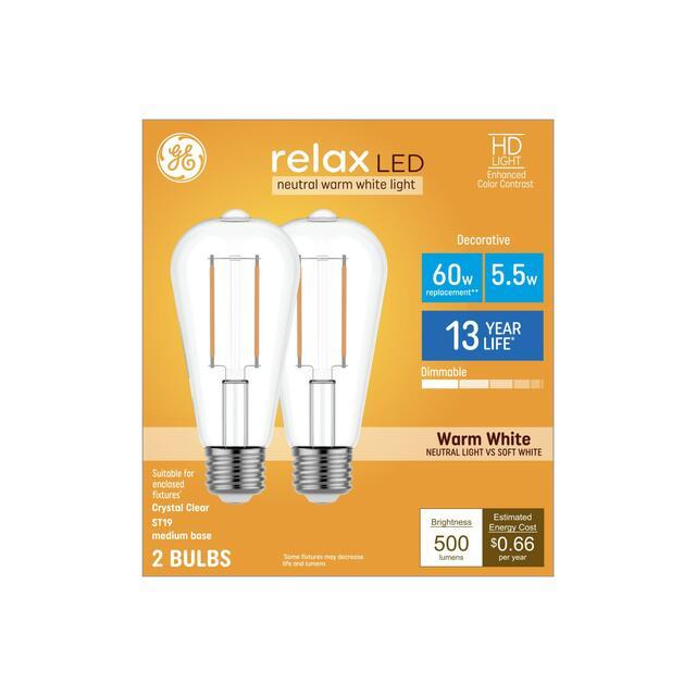GE Relax HD ST19 LED Light Bulbs, Edison Style Bulbs, 60 Watt Replacement, Warm White (2 Pack)