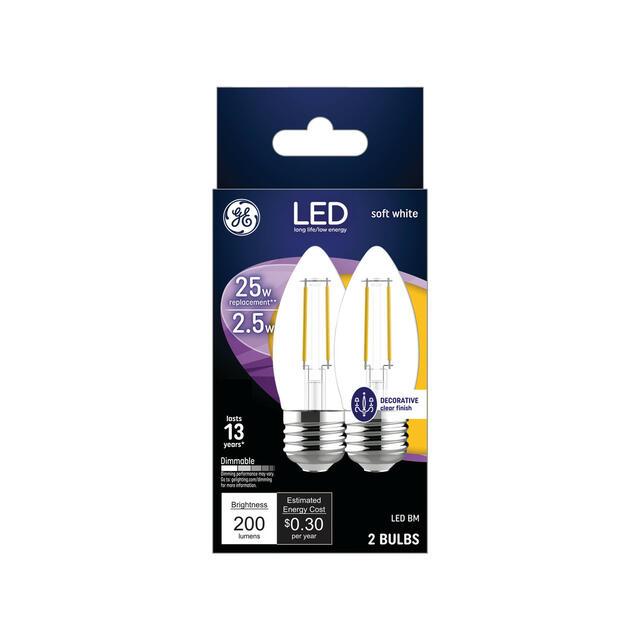 GE Classic LED 25 Watt Replacement, Soft White, B11 Deco - Candle Bulbs (2 Pack)
