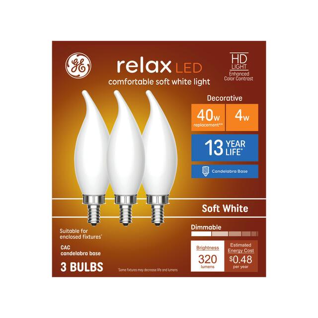 GE Relax HD CA11 LED Light Bulbs, Decorative Candle Bulbs, 40 Watt Replacement, Soft White (3 Pack)