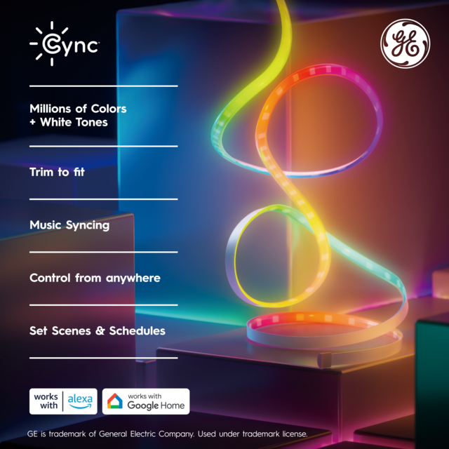 GE Cync Dynamic Effects Smart Light Strip with Music Sync, Color Changing WiFi Lights, Indoor Light Strip, Works with Alexa and Google, 32ft + Power Supply