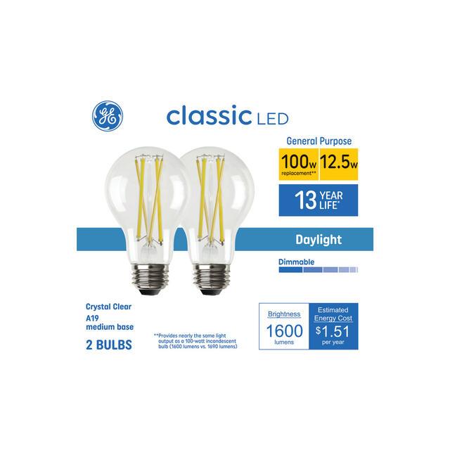 GE Classic A19 LED Light Bulbs, General Purpose Bulbs, 100 Watt Replacement, Daylight (2 Pack)