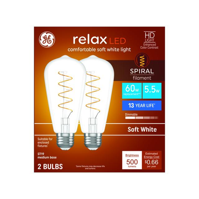 GE Relax HD LED 60 Watt Replacement, Soft White, ST19 Edison Bulbs (2 Pack)