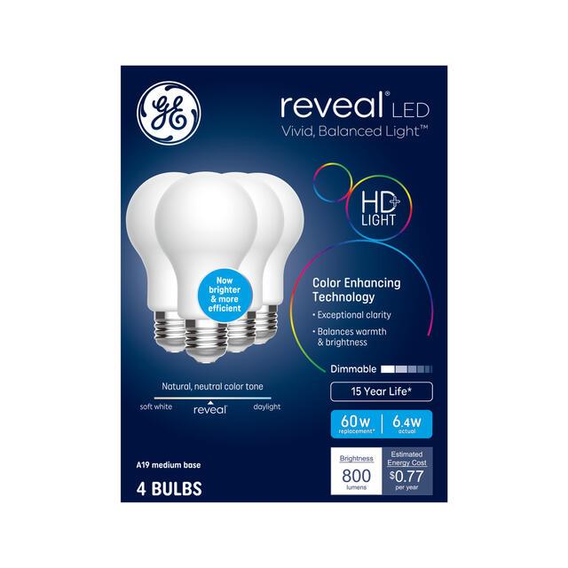 GE Reveal HD+ LED 60 Watt Replacement, Reveal, A19 General Purpose Bulbs (4 Pack)