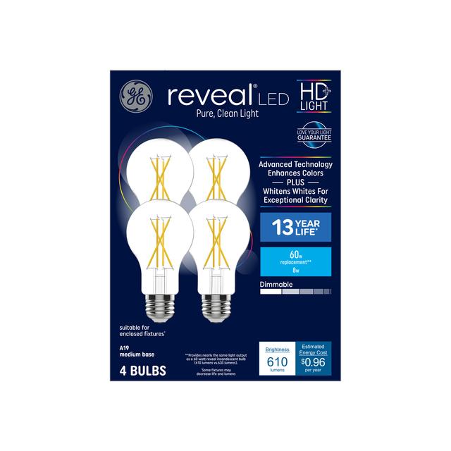 GE Reveal HD+ LED 60 Watt Replacement, Reveal, A19 General Purpose Bulbs (4 Pack)