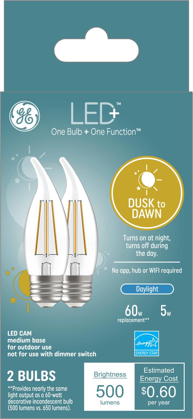 GE LED+ Dusk to Dawn LED Light Bulbs, Deco - Candle, CA11 Bulbs, 5 Watts (2 Pack)