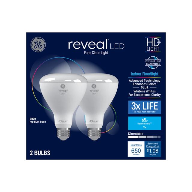 GE Reveal HD+ LED 65 Watt Replacement, Reveal, BR30 Indoor Floodlight Bulbs (2 Pack)