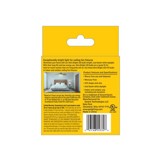 GE Ultra Bright LED 100 Watt Replacement, Daylight, A15 Ceiling Fan Bulbs (2 Pack)