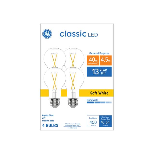 GE Classic LED 40 Watt Replacement, Soft White, A19 General Purpose Bulbs (4 Pack)