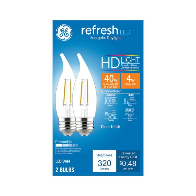 GE Refresh HD LED 40 Watt Replacement, Daylight, CA11 Deco - Candle Bulbs (2 Pack)