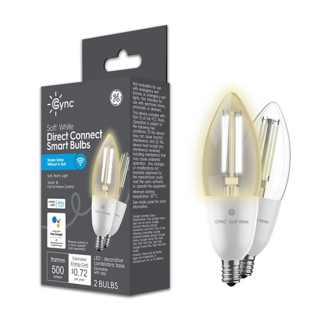 GE Cync Smart LED Light Bulbs, Candle Light Bulb, Works with Amazon Alexa and Google Home, WiFi Lights, Soft White Decorative Light Bulbs, 60 Watt Equivalent, Small Base (2 Pack)