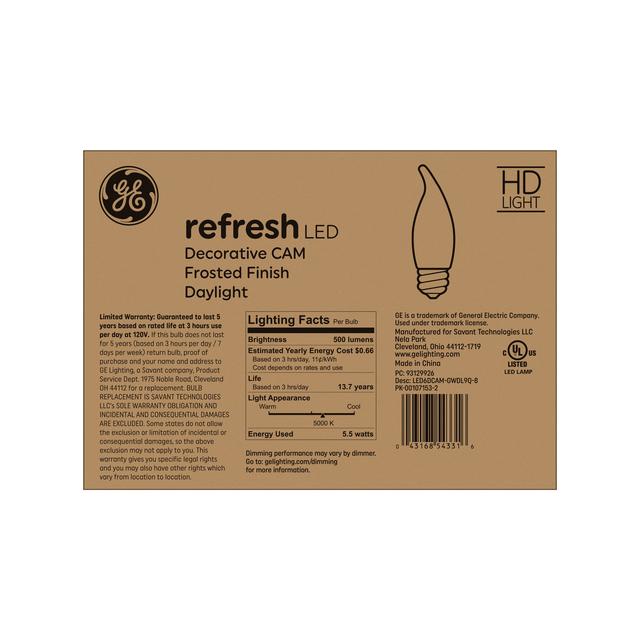 GE Refresh HD LED 60 Watt Replacement, Daylight, CA11 Deco - Candle Bulbs (8 Pack)