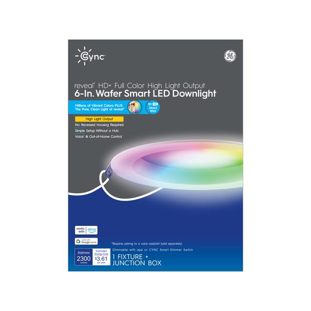 GE CYNC reveal HD+ Full Color High Light Output Smart LED Wafer, 6-Inch, Works with Amazon Alexa and Google Assistant, Bluetooth and Wi-Fi Enabled (1 Pack)