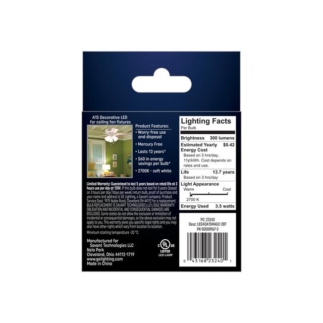 GE Classic LED 40 Watt Replacement, Soft White, A15 Ceiling Fan Bulbs (2 Pack)