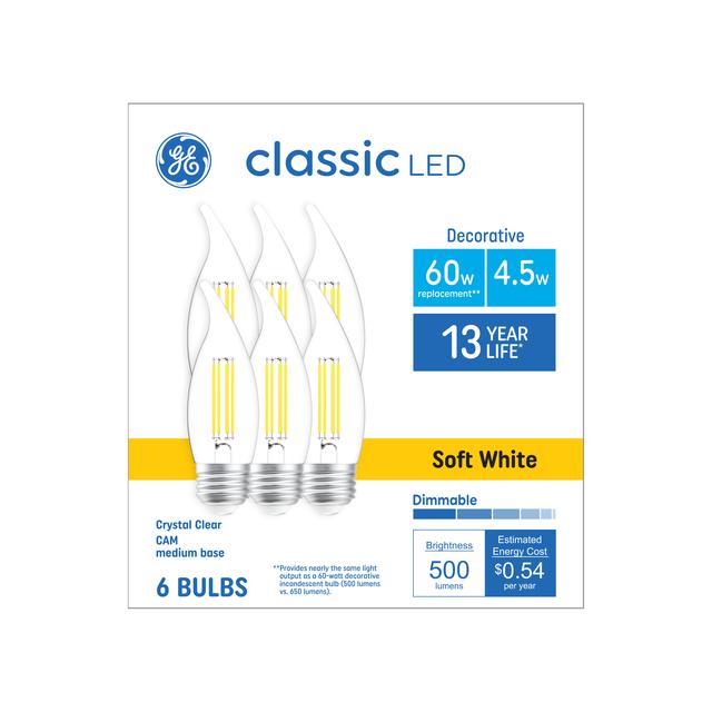 GE Classic LED 60 Watt Replacement, Soft White, CA11 Deco - Candle Bulbs (6 Pack)