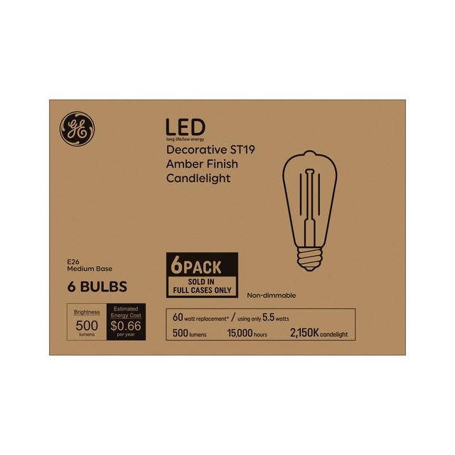 GE Vintage LED 60 Watt Replacement, Candlelight, ST19 Edison Bulbs (6 Pack)