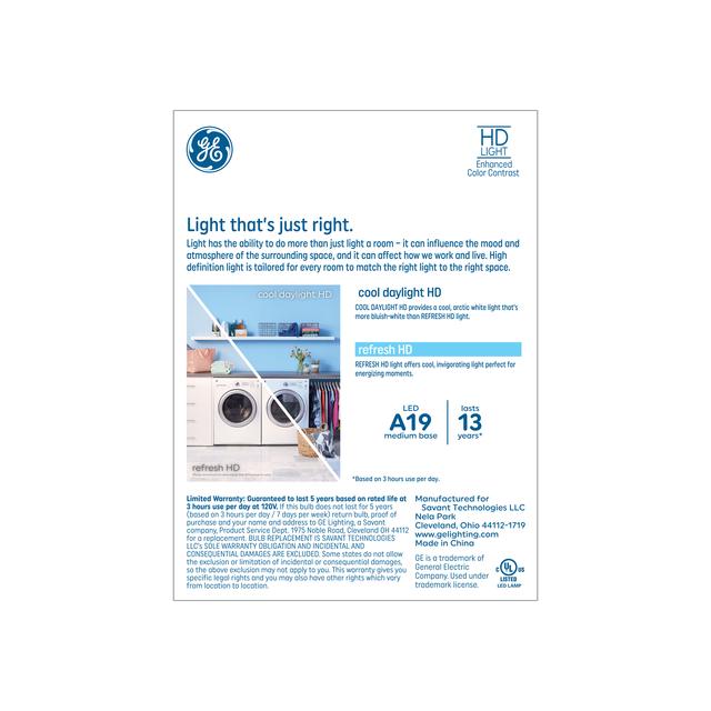 GE Refresh HD LED 60 Watt Replacement, Cool Daylight, A19 General Purpose Bulbs (4 Pack)