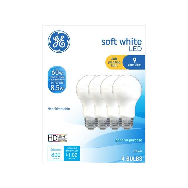 GE Basic LED 60 Watt Replacement, Soft White, A19 General Purpose Bulbs (4 Pack)