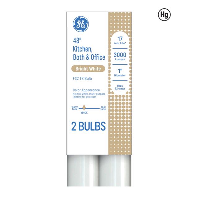 GE Bright White 32 Watt 48 Inch T8 G13 Base Fluorescent Tube 2 Pack