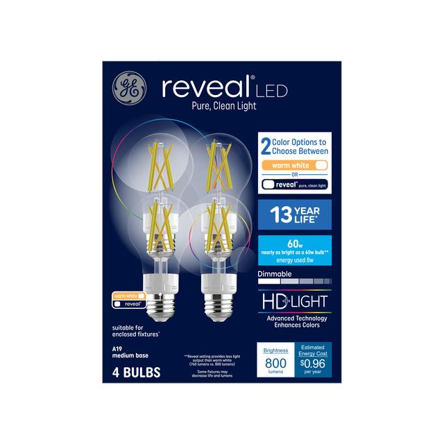 GE Reveal HD+ LED 60 Watt Replacement, Reveal, A19 General Purpose Bulbs (4 Pack)