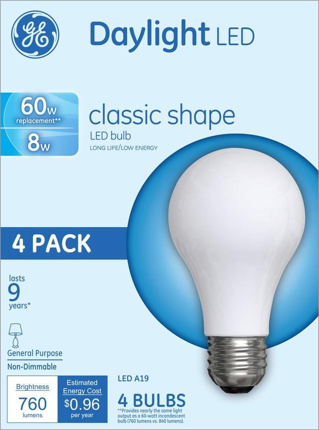 GE Basic 60 LED Watt Ampoules, lumière du jour, A19 usage général ( 4 paquet)