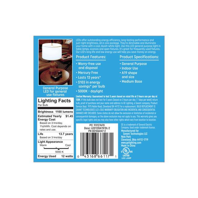 GE Classic LED 75 Watt Replacement, Daylight, A19 General Purpose Bulbs (2 Pack)