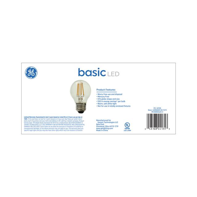 GE Basic LED 60 Watt Replacement, Soft White, G16.5 Vanity - Globe Bulbs (4 Pack)