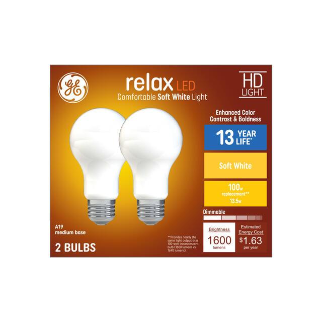 GE Relax HD LED 100 Watt Replacement, Soft White, A19 General Purpose Bulbs (2 Pack)