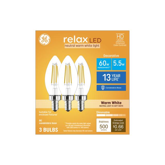 GE Relax HD LED 60 Watt Replacement, Warm White, B11 Deco - Candle Bulbs (3 Pack)