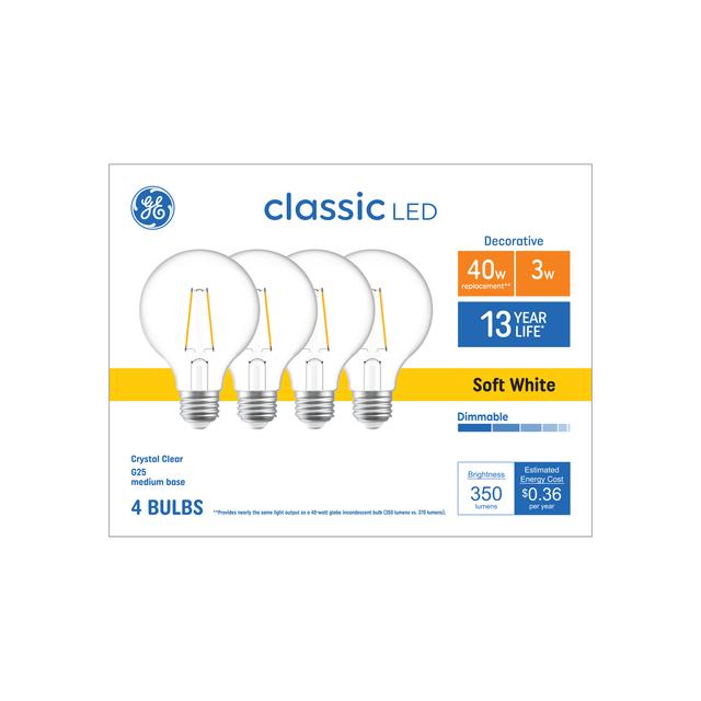GE Classic LED 40 Watt Replacement, Soft White, G25 Deco - Globe Bulbs (4 Pack)