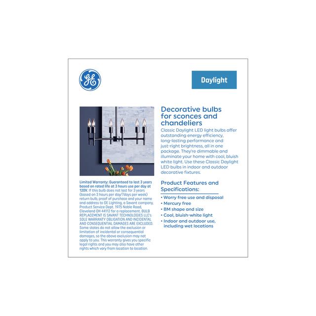 GE Classic LED 60 Watt Replacement, Daylight, B11 Deco - Candle Bulbs (6 Pack)