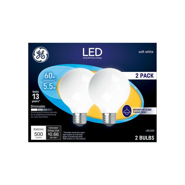 GE Classic LED 60 Watt Replacement, Soft White, G25 Vanity - Globe Bulbs (2 Pack)