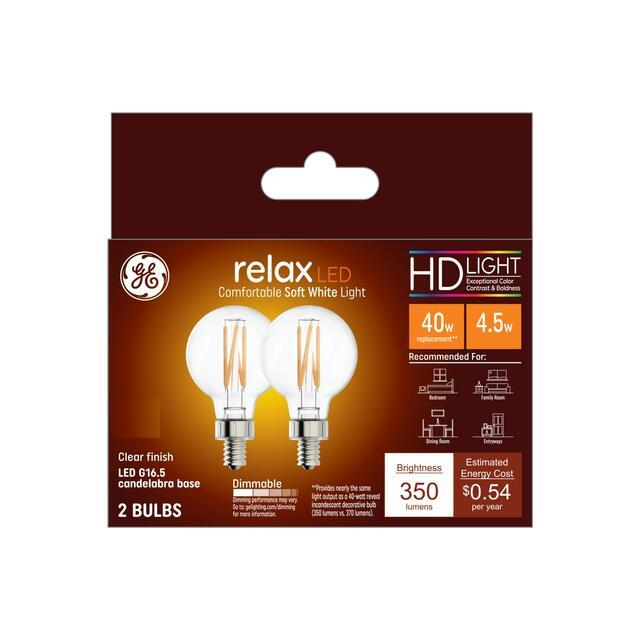 GE Relax HD G16.5 LED Light Bulb, Vanity Globe Lights, 40 Watt Replacement, Soft White (2 Pack)