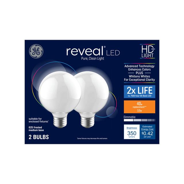 GE Reveal HD+ LED 40 Watt Replacement, Reveal, G25 Vanity - Globe Bulbs (2 Pack)