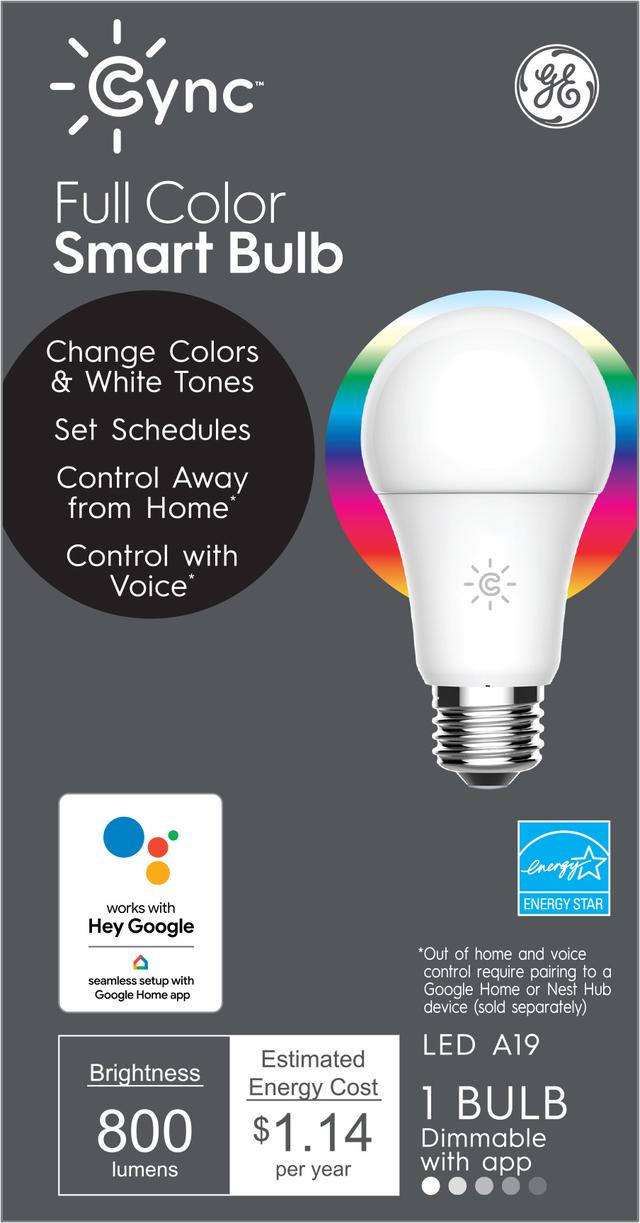 GE Cync Smart Bulbs Ampoules LED, couleur, A19 LED à intensité variable, compatible Bluetooth, 60 remplacement Alexa W et compatible Google Home, paquet de 1
