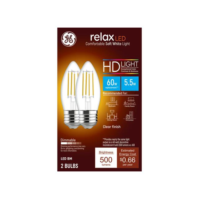 GE Relax HD B11 LED Light Bulbs, Decorative Candle Bulbs, 60 Watt Replacement, Soft White (2 Pack)