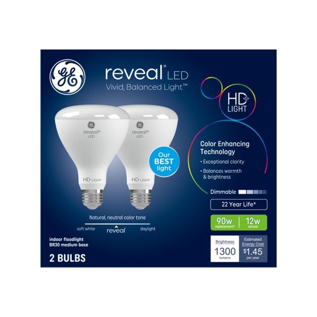 GE Reveal HD+ LED 90 Watt Replacement, Reveal, BR30 Indoor Floodlight Bulbs (2 Pack)