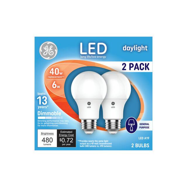 GE Classic LED 40 Watt Replacement, Daylight, A19 General Purpose Bulbs (2 Pack)