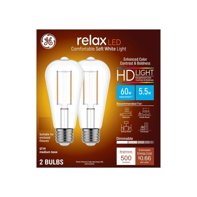 GE Relax HD ST19 LED Light Bulbs, Edison Style Bulbs, 60 Watt Replacement, Soft White (2 Pack)