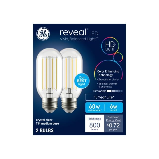 GE Reveal HD+ LED 60 Watt Replacement, Reveal, T14 Deco - Tubular Bulbs (2 Pack)