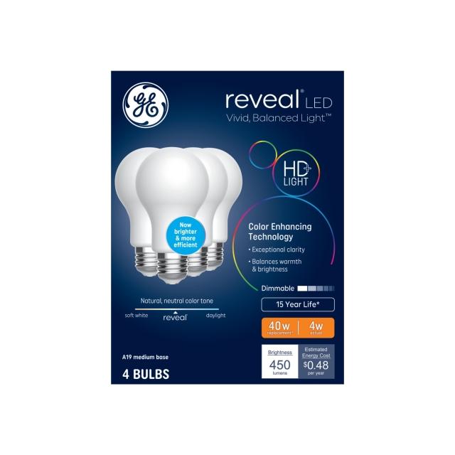 GE Reveal HD+ LED 40 Watt Replacement, Reveal, A19 General Purpose Bulbs (4 Pack)