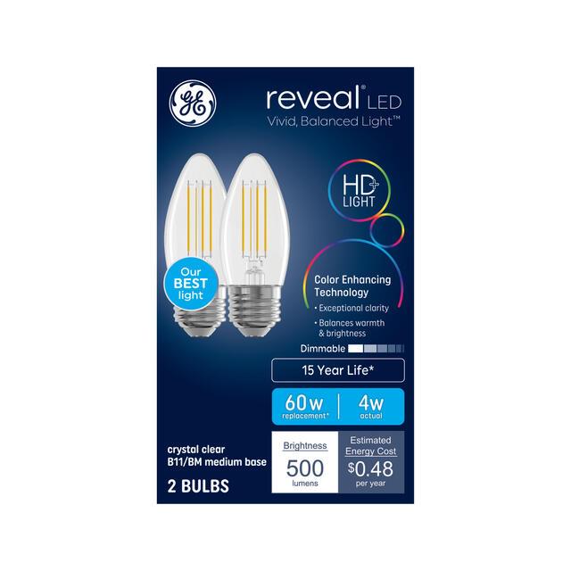 GE Reveal HD+ LED 60 Watt Replacement, Reveal, B11 Deco - Candle Bulbs (2 Pack)
