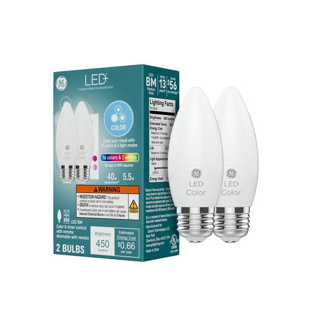 GE LED+ Color Lamp LED Light Bulbs,Deco - Candle, B12 Bulbs, 5.5 Watts (2 Pack)
