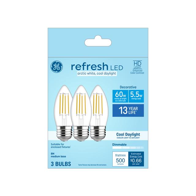 GE Refresh HD LED 60 Watt Replacement, Cool Daylight, B11 Deco - Candle Bulbs (3 Pack)