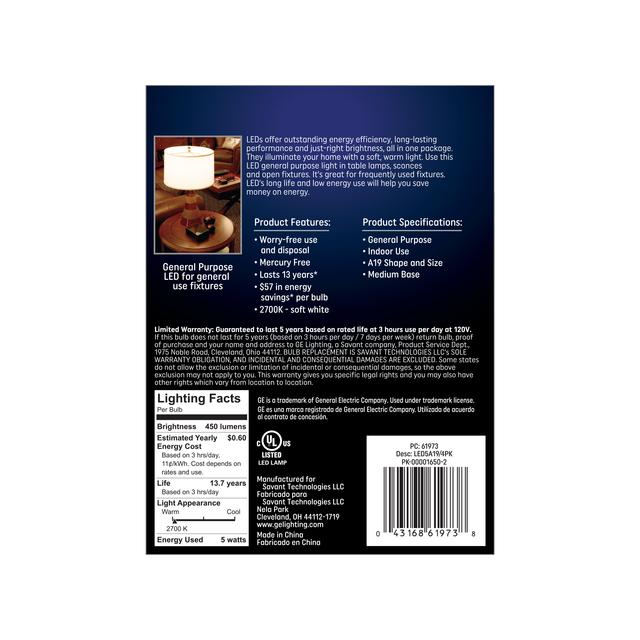 GE Classic LED 40 Watt Replacement, Soft White, A19 General Purpose Bulbs (4 Pack)