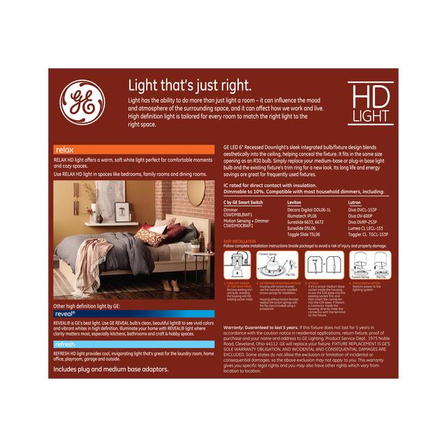 GE Relax LED Recessed Downlight Fixture, 65 Watt Replacement, 6-Inches, RS6 (1 Pack)