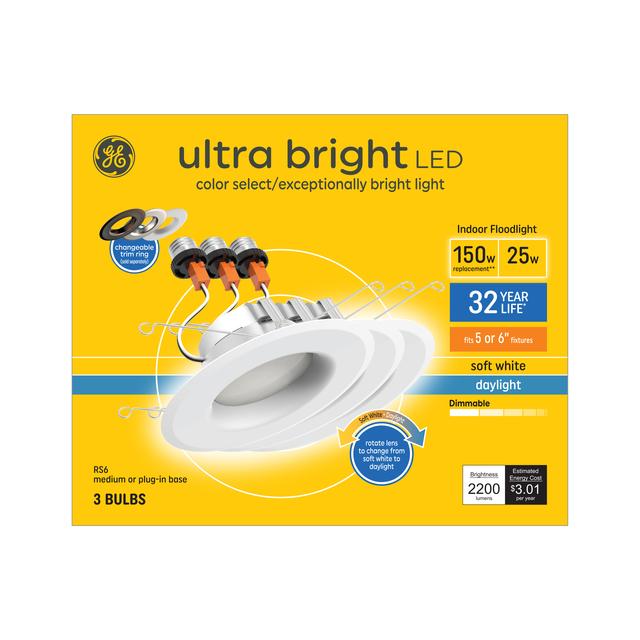 GE Ultra Bright, 150 Watt Replacement, Daylight or Soft White, RS6 Indoor 6-Inch Recessed Downlights (3 Pack)