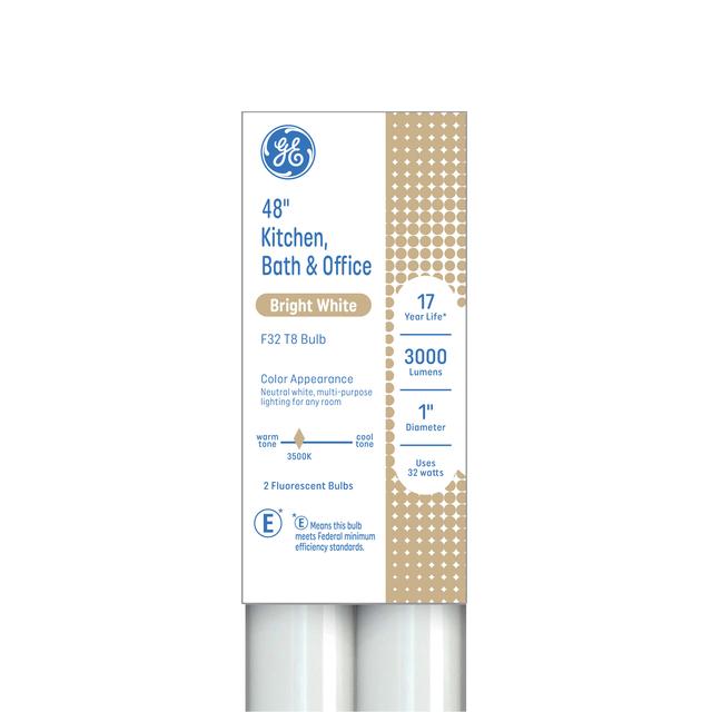 GE Bright White 32 Watt 48 Inch T8 G13 Base Fluorescent Tube 2 Pack