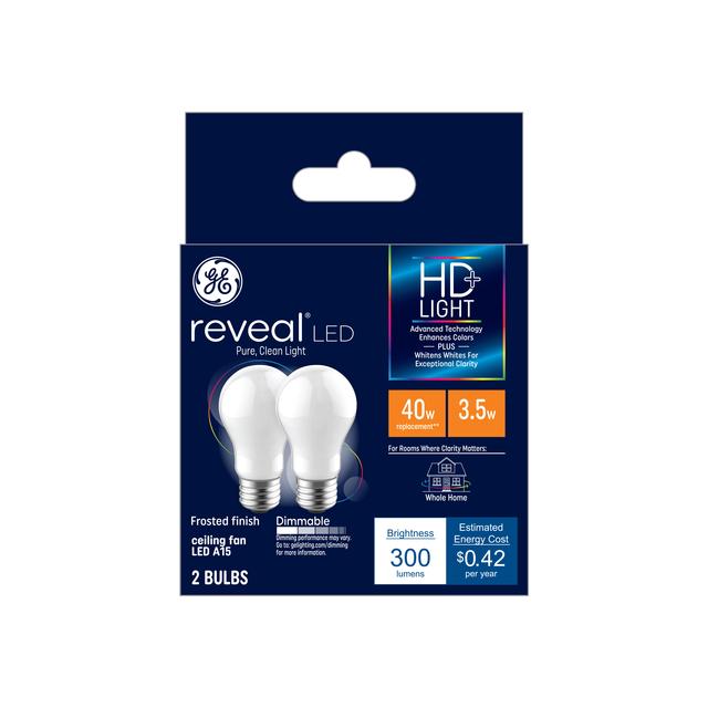 GE Reveal HD+ LED 40 Watt Replacement, Reveal, A15 Ceiling Fan Bulbs (2 Pack)